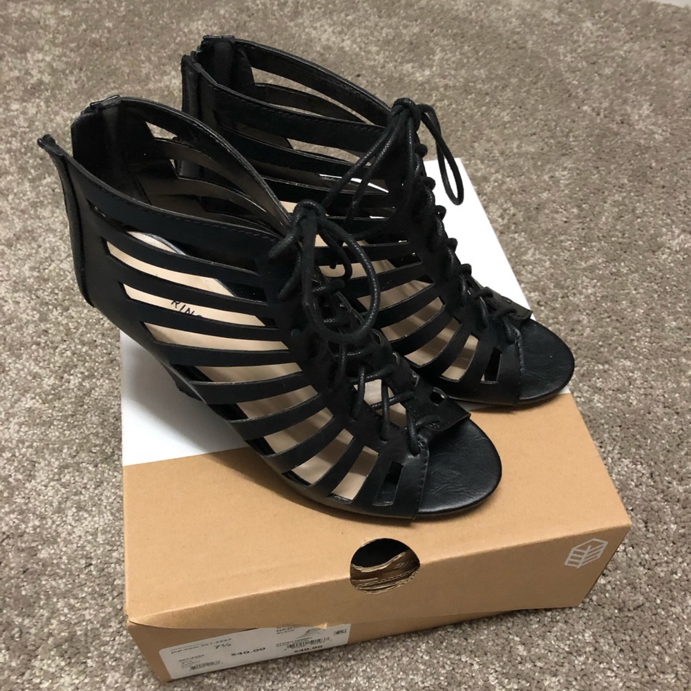 Black lace up heel zip sandals